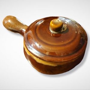 1 Vtg Oven Proof Single Serve Mini Crockpot Clay Pottery Pot Bowl Handle Lidded